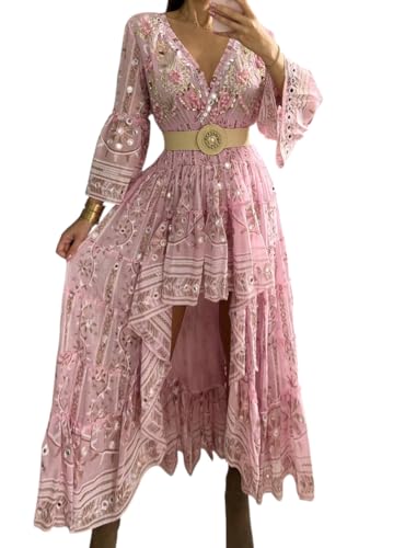 Boho Floral Lace Maxikleid V-Ausschnitt Langarm High-Low Hem Boho Brautkleid Böhmen Kleid Vintage Kleid, Pink, X-Groß von Bohemian Love Style