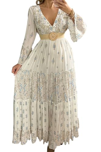 Boho Maxikleid V-Ausschnitt Langarm Weiß mit Türkis Print Empire-Taille mit dekorativem Gürtel Bohemian Kleid, Weiß/Blau, Mittel von Bohemian Love Style