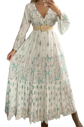 Boho Maxikleid V-Ausschnitt Langarm Weiß mit Türkis Print Empire-Taille mit dekorativem Gürtel Bohemian Kleid, Weiß/Grün, Groß von Bohemian Love Style