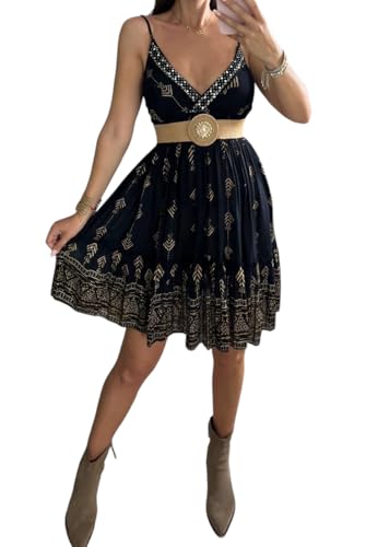 Damen Boho Sommerkleid V-Ausschnitt Spaghettiträger Schwarz mit Gold Stickerei Knielang Vintage Western Hochzeit, Schwarz, M Damen Boho Sommerkleid V-Ausschnitt Spaghettiträger Schwarz mit Gold Stickerei Knielang Vintage Western Hochzeit, Schwarz, M von Bohemian Love Style