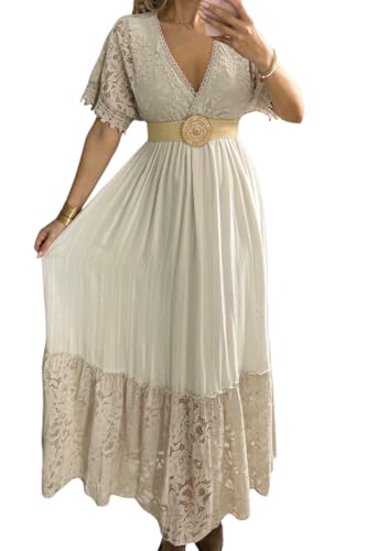 Damen Spitze Maxikleid Flatterärmel V-Ausschnitt Faltenrock Olivgrün Boho Kleid Western Hochzeit Vintage, Beige, M Damen Spitze Maxikleid Flatterärmel V-Ausschnitt Faltenrock Olivgrün Boho Kleid Western Hochzeit Vintage, Beige, M von Bohemian Love Style