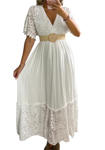 Damen Spitze Maxikleid Kurzarm V-Ausschnitt Empire Taille Weiß Kleid Wester Hochzeit Maxi Boho Kleid, Weiss/opulenter Garten, Klein von Bohemian Love Style