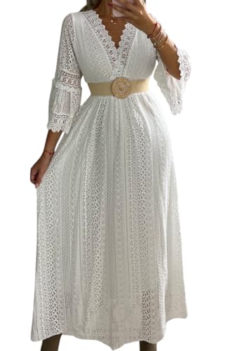 Damen Spitzenkleid Maxikleid V-Ausschnitt 3/4 Glockenärmel Weiß Western Hochzeit Spitze Böhmisches Kleid Maxi Boho Kleid, Weiß, Spitzenstoff, Groß von Bohemian Love Style