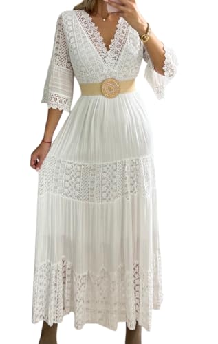 Damen Spitzenkleid Maxikleid V-Ausschnitt 3/4 Glockenärmel Weiß Western Hochzeit Spitze Böhmisches Kleid Maxi Boho Kleid, Weiss/opulenter Garten, Klein von Bohemian Love Style