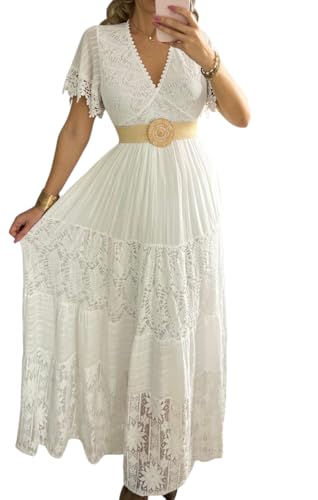 Damen Spitzenkleid Maxikleid V-Ausschnitt 3/4 Glockenärmel Weiß Western Hochzeit Spitze Böhmisches Kleid Maxi Boho Kleid, Weißer Kurzarm, Mittel von Bohemian Love Style