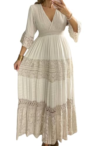 Damen Weiß Spitze Maxikleid V-Ausschnitt Lange Glockenärmel Gold Gürtel Plissee Design Western Hochzeit Boho Hippie Strand, Beige Spitze, Klein von Bohemian Love Style