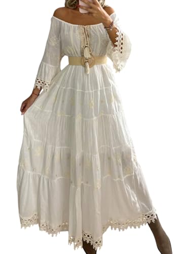 Schulterfrei Boho Maxikleid Weiß Bestickt Spitze Glockenärmel Western Hochzeit Boho Brautkleid Vintage Kleid, Weiß / Beige, Groß von Bohemian Love Style