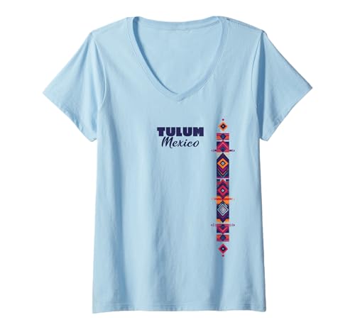 Damen Tulum Mexiko Traditioneller böhmischer Stil mexikanisches Boho-Muster T-Shirt mit V-Ausschnitt von Bohemian Mexican Cultural Pattern Art Design