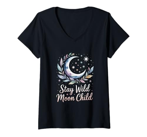 Damen Coole Mondkunst „Stay Wild Moon“ für Kinder im böhmischen Stil T-Shirt mit V-Ausschnitt von Bohemian Moon Art