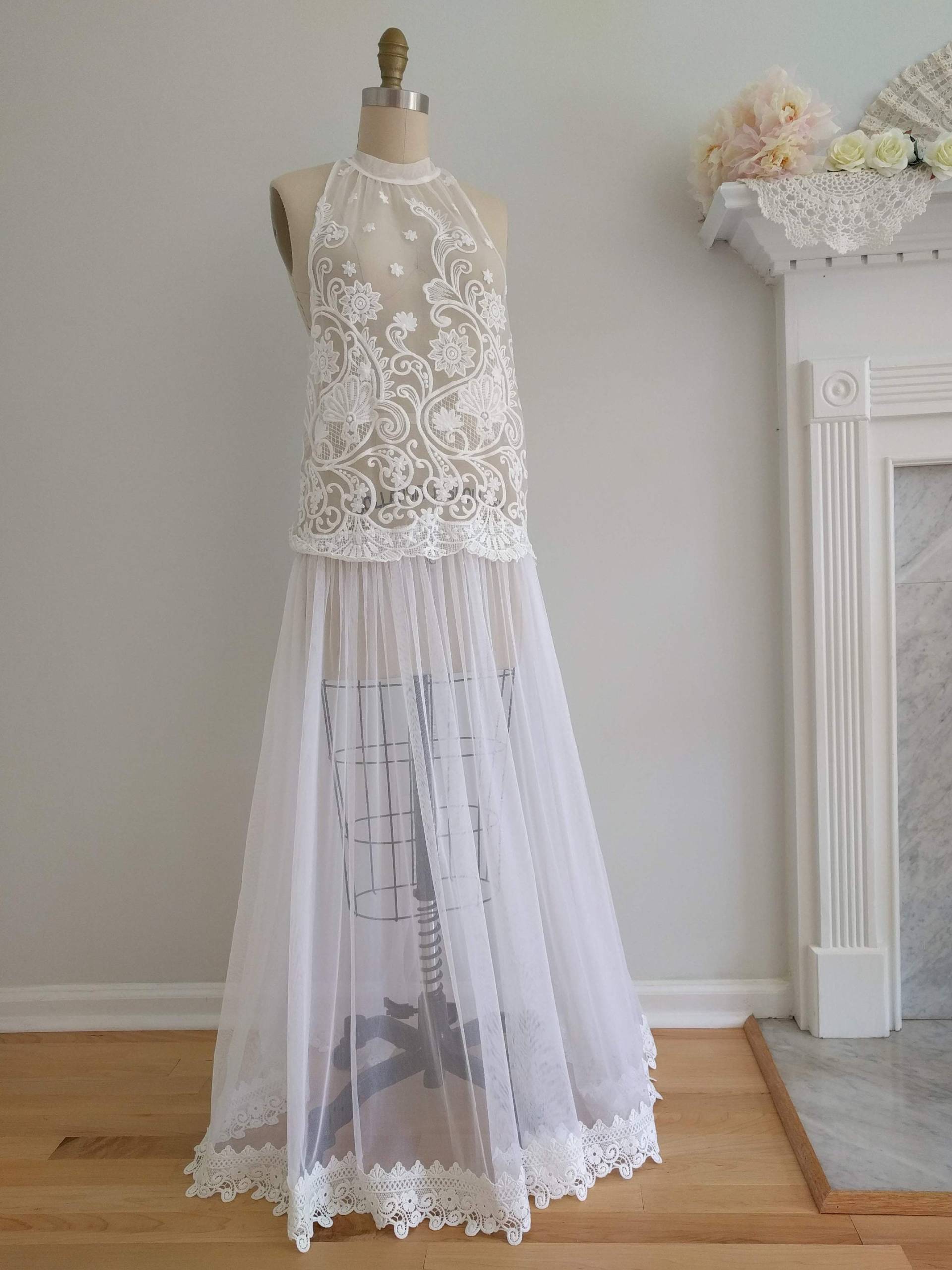 Boudoir Kleid Weiße Spitze Boho Hochzeit | Braut Nachthemd Flitterwochen, Valentinstag, Grösse S - M von BohemianBridalDress