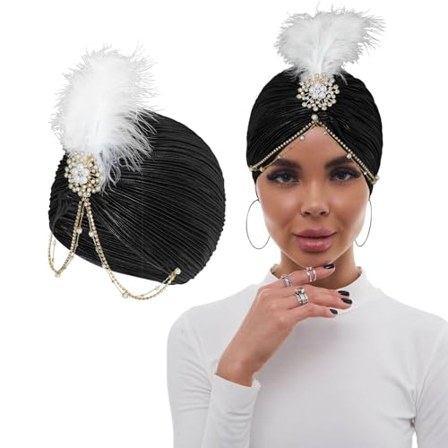 Bohend Blume Strass Turban Mütze Vintage Perlenkopfbedeckung Beanie Vorgebundene Plissierte Haube Frauen Brosche Feder Kopfbedeckung Hut (Polyester, dunkel) von Bohend