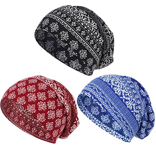 Bohend Böhmische Beanie-Hüte Kopfbedeckungen Strecken rutschfeste Bandanas Schlaf-Turban-Hüte für Frauen Männer Oben schließen Kopfbedeckung (Cashew-Blumen Stil) von Bohend