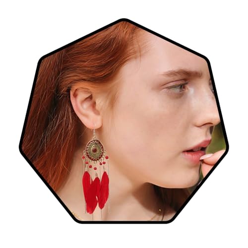 Bohend Boho Feder Quaste Ohrringe Gold Lange Türkis Ohrring Böhmen Reise Strand Perlenkette Ohrzubehör zum Frauen und Mädchen(Rot) von Bohend