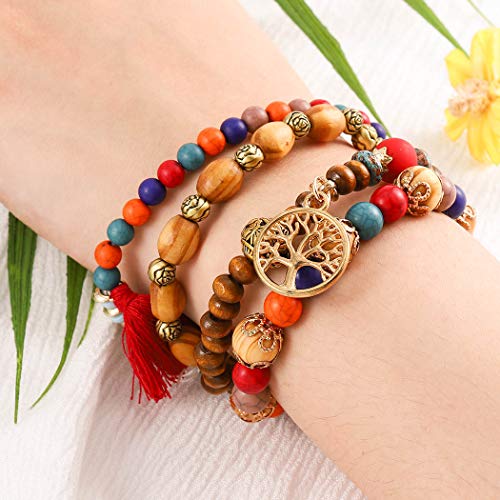 Bohend Boho Geschichteten Perle Armbänder Baum des Lebens Armband Bohemia Türkis Holz Handkette Schmuck Für Frauen Und Mädchen (4PCS) von Bohend