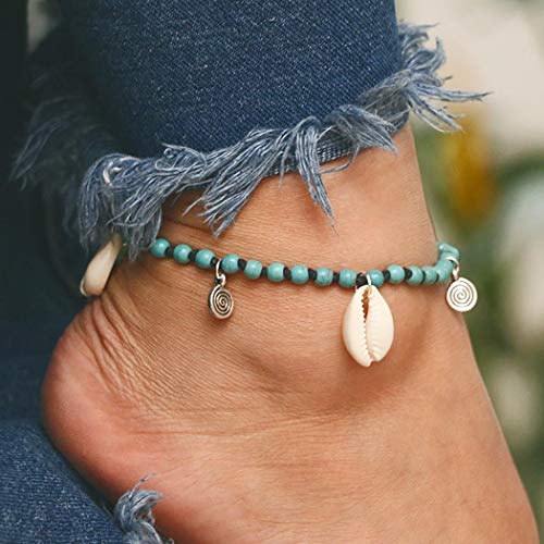 Bohend Boho Muschel Strand Fußkette Schwarz Türkis Armband Perle Fußketten Perle Einstellbar Seil Fußkette Schmuck Für Frauen Und Mädchen von Bohend