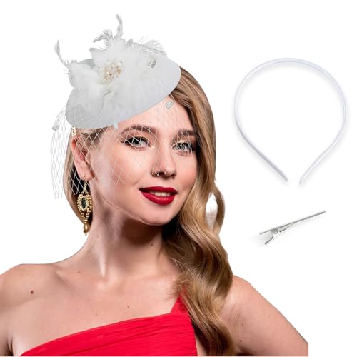 Bohend Fascinator Hut Blume Feder Schleier Vintage Derby Hüte Tea Party Hochzeit Haarschmuck mit Strasssteinen für Frauen und Mädchen (Polyester, Weiss) von Bohend