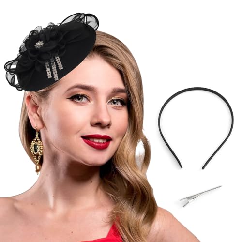 Bohend Fascinator Hut Blume Pillbox Vintage Bogen Derby Hüte Tea Party Hochzeit Strasssteine Haarschmuck für Frauen und Mädchen (Polyester, schwarz) von Bohend