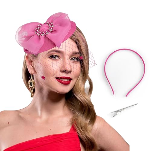 Bohend Fascinator Hut Blumenschleier Pillbox Vintage Derby Hüte Tea Party Hochzeit Strass Haarschmuck für Frauen und Mädchen (Polyester, Rose) von Bohend