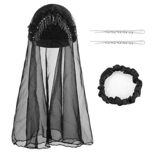 Bohend Frauen Blume Turban Hut Strass Perlen Headwrap Beanie Pre Tied Plissee Kopftuch Haube Quaste Schleier Kopfbedeckung Mütze (Polyester, Dark) von Bohend