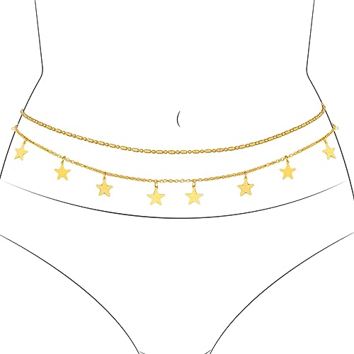 Bohend Geschichtet Körperketten Gold Bambus Taillenkette Stern Anhänger Bauchkette Party-Bikini-Strand für Frauen und Mädchen von Bohend