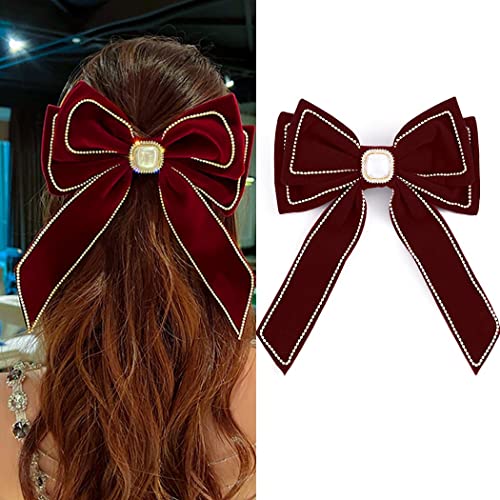 Bohend Groß Haarschleifen Rot Haarschleife mit langem Schleife Strass Haar Klammern Samt Bow-Party Haarschmuck für Frauen und Mädchen von Bohend