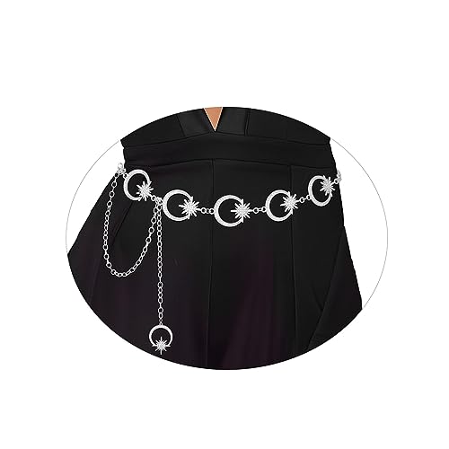 Bohend Metall Strass Taille Kette Gürtel Mode Mondstern Körper Link Gürtel Splitter Anhänger Taillenketten Verstellbare Kleider Lange Gürtel-Ketten Zubehör für Frauen und Mädchen (M, Silver) von Bohend
