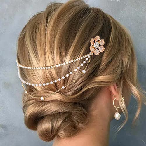 Bohend Mode Blume Haarkamm Braut Strass Kopfschmuck Kristall Kopfkette Datum Hochzeit Schmuck Haar-Accessoires (Gold) von Bohend