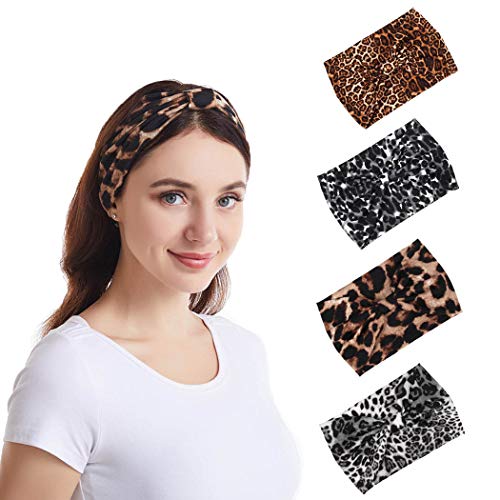 Bohend Mode Frauen Weise Stirnband Leopard Breit Haarband Verknotet Bandeau Dehnbar Baumwolle Stirnband Polyester Sport Haar Zubehör zum Mädchen(4 Packung) von Bohend