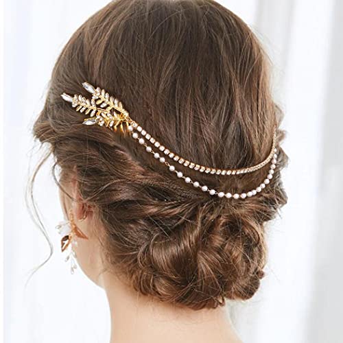 Bohend Mode Perlen Haarkamm Blatt Braut Strass Kopfbedeckung Kristall Kette Kopf Datum Hochzeit Schmuck Haar-Accessoires von Bohend