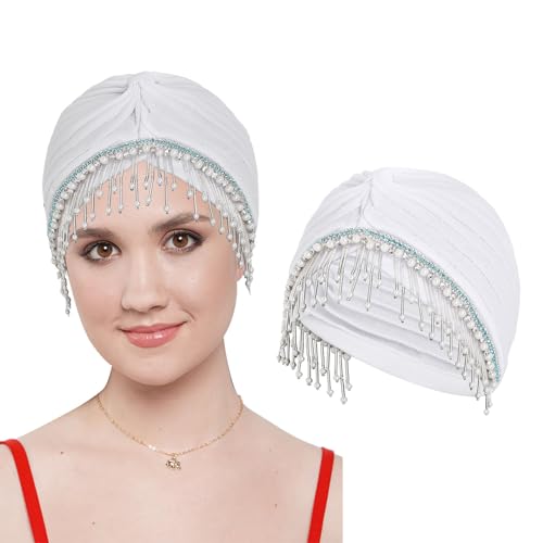 Bohend Perlen Strass Turban Hut Knoten Kopfbedeckung Beanie Vorgebundenes Plissiertes Kopftuch Haube Frauen Quaste Kopfbedeckung Mützen (Polyester, Weiß) von Bohend