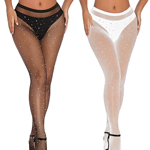 Bohend Strass Fischnetz Strumpfhose Strümpfe, Funkeln Netzstrümpfe Dehnbar Hoch tailliert Nachtclub Strumpfhose Party Strumpf für Frauen, Größe M/L, 2 Stück, 1x schwarz + 1x weiß von Bohend