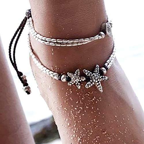 Bohend Vintage Geschichteten Fußkette Armband Silber Seestern Perle Einstellbar Multilayer Knöchel Armbänder Strand Fußketten Schmuck Zubehör Für Frauen Und Mädchen von Bohend