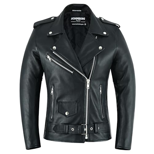 Bohmberg Damen Lederjacke Echtleder Retro Biker Jacke Brandostyle (L, Schwarz) von Bohmberg