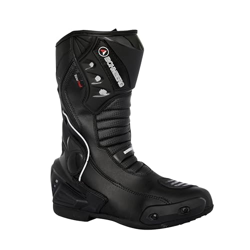 Bohmberg VIKING stabile Motorradstiefel für Herren, ergonomisch, leicht, Biker Boots aus stabilem Leder mit aufgesetzten Hartschalenprotektoren (Schwarz, 44) von Bohmberg