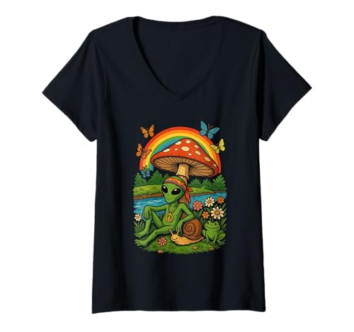 Damen Hippie Alien Groovy Cottagecore im Bohemian-Stil im Retro-Look T-Shirt mit V-Ausschnitt Damen Hippie Alien Groovy Cottagecore im Bohemian-Stil im Retro-Look T-Shirt mit V-Ausschnitt von Boho Alien Mushroom Trippy Nature Hippy Aesthetics