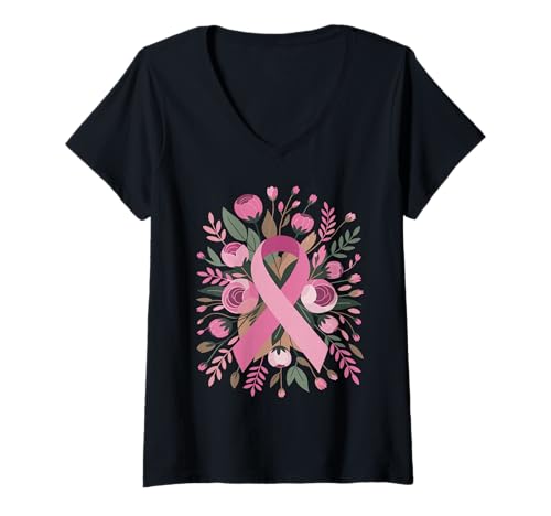 Damen Brustkrebsbewusstsein Boho Blumenbandmotiv T-Shirt mit V-Ausschnitt Damen Brustkrebsbewusstsein Boho Blumenbandmotiv T-Shirt mit V-Ausschnitt von Boho Breast Cancer Support Apparel