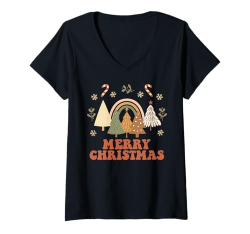 Damen Frohe Weihnachten Süße Regenbogen-Groovy-Weihnachtsfeiertage T-Shirt mit V-Ausschnitt Damen Frohe Weihnachten Süße Regenbogen-Groovy-Weihnachtsfeiertage T-Shirt mit V-Ausschnitt von Boho Christmas Retro 70s XMAS Festive Cute Design