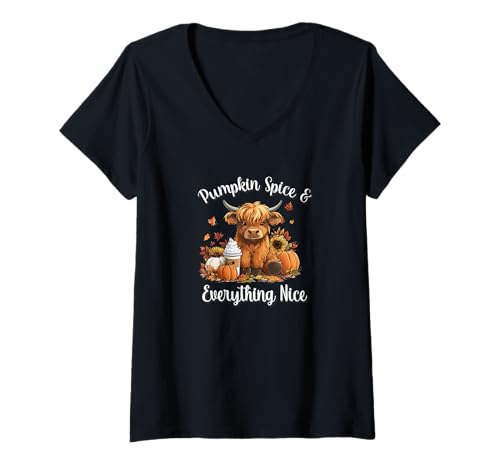 Damen Pumpkin Spice & Everything Nice Highland Cow Lover T-Shirt mit V-Ausschnitt von Boho Cowgirl Fall Y'all Gifts TShirts & Hoodies