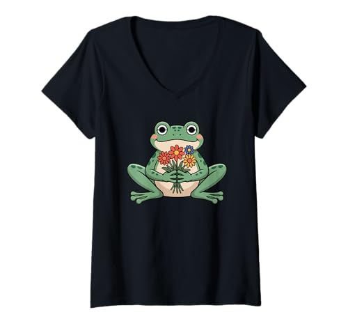 Damen Lustiges grooviges Boho-Frosch-Kröten-Wildblumen-Design, Geschenk für Männer und Frauen T-Shirt mit V-Ausschnitt von Boho Cute Cottagecore Frog Lover Whimsical Graphic