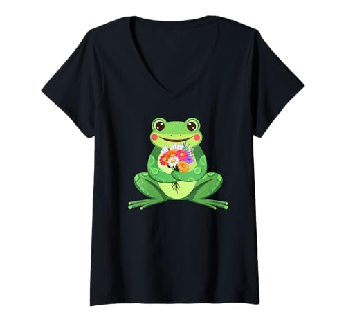 Damen Lustiges grooviges Boho-Frosch-Kröten-Wildblumen-Design, Geschenk für Männer und Frauen T-Shirt mit V-Ausschnitt von Boho Cute Cottagecore Frog Lover Whimsical Graphic