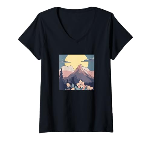 Damen Cottagecore Berge - Natur Mond Boho Landschaft T-Shirt mit V-Ausschnitt Damen Cottagecore Berge - Natur Mond Boho Landschaft T-Shirt mit V-Ausschnitt von Boho-Design Blumiges Geschenk