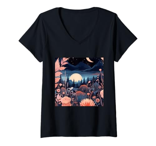 Damen Cottagecore Berge - Natur Mond Boho Landschaft T-Shirt mit V-Ausschnitt Damen Cottagecore Berge - Natur Mond Boho Landschaft T-Shirt mit V-Ausschnitt von Boho-Design Blumiges Geschenk