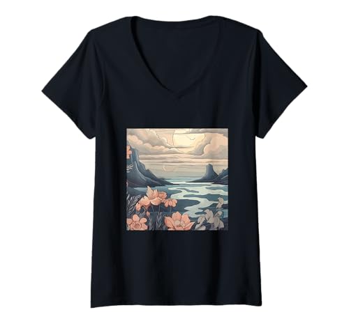 Damen Cottagecore Berge - Natur Mond Boho Landschaft T-Shirt mit V-Ausschnitt Damen Cottagecore Berge - Natur Mond Boho Landschaft T-Shirt mit V-Ausschnitt von Boho-Design Blumiges Geschenk