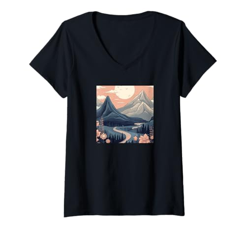 Damen Cottagecore Berge - Natur Mond Boho Landschaft T-Shirt mit V-Ausschnitt Damen Cottagecore Berge - Natur Mond Boho Landschaft T-Shirt mit V-Ausschnitt von Boho-Design Blumiges Geschenk