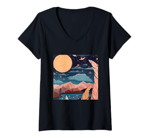 Damen Cottagecore Berge - Natur Mond Boho Landschaft T-Shirt mit V-Ausschnitt Damen Cottagecore Berge - Natur Mond Boho Landschaft T-Shirt mit V-Ausschnitt von Boho-Design Blumiges Geschenk