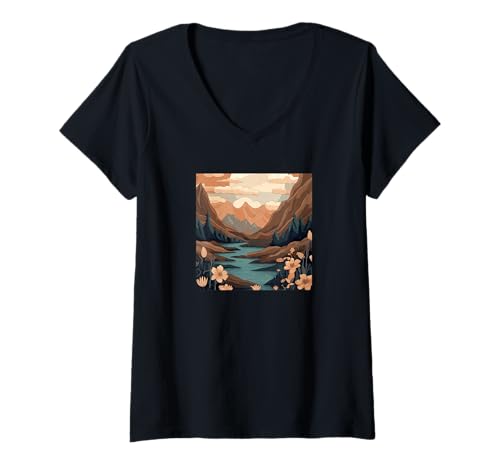 Damen Cottagecore Berge - Natur Mond Boho Landschaft T-Shirt mit V-Ausschnitt Damen Cottagecore Berge - Natur Mond Boho Landschaft T-Shirt mit V-Ausschnitt von Boho-Design Blumiges Geschenk