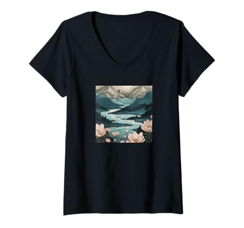 Damen Cottagecore Berge - Natur Mond Boho Landschaft T-Shirt mit V-Ausschnitt Damen Cottagecore Berge - Natur Mond Boho Landschaft T-Shirt mit V-Ausschnitt von Boho-Design Blumiges Geschenk