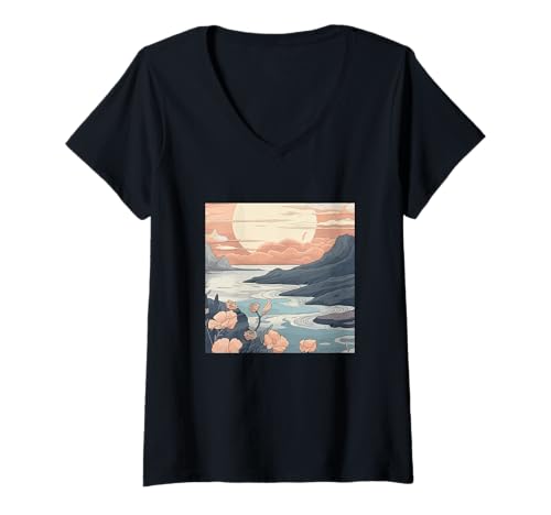 Damen Cottagecore Berge - Natur Mond Boho Landschaft T-Shirt mit V-Ausschnitt Damen Cottagecore Berge - Natur Mond Boho Landschaft T-Shirt mit V-Ausschnitt von Boho-Design Blumiges Geschenk