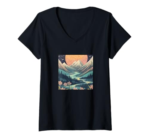Damen Cottagecore Berge - Natur Mond Boho Landschaft T-Shirt mit V-Ausschnitt Damen Cottagecore Berge - Natur Mond Boho Landschaft T-Shirt mit V-Ausschnitt von Boho-Design Blumiges Geschenk