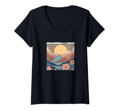 Damen Cottagecore Berge - Natur Mond Boho Landschaft T-Shirt mit V-Ausschnitt Damen Cottagecore Berge - Natur Mond Boho Landschaft T-Shirt mit V-Ausschnitt von Boho-Design Blumiges Geschenk